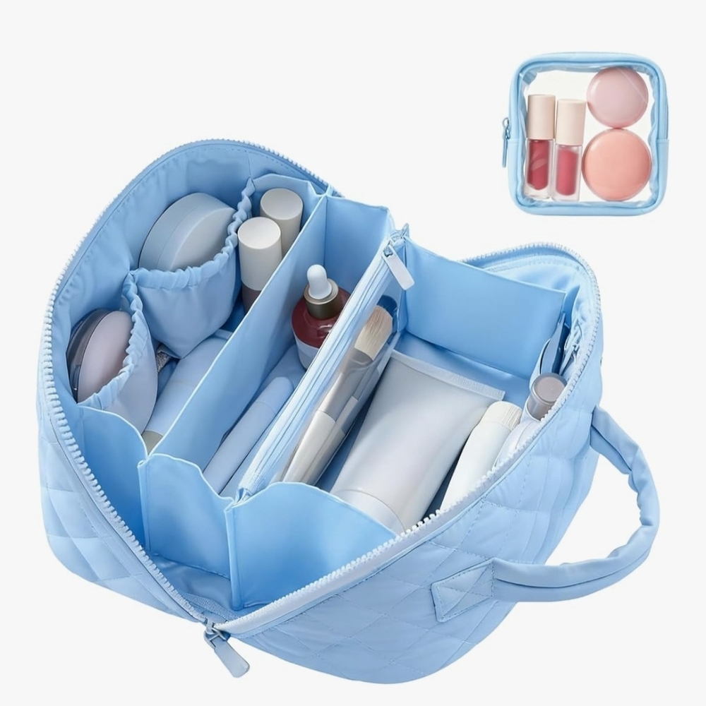 Light Blue Quilted Cosmetic Organizer Bag with Multiple Compartments - Picture 3 of 4